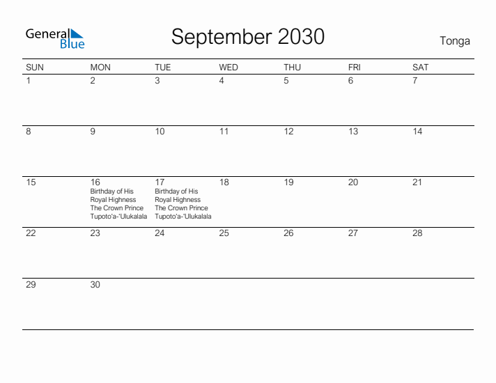 Printable September 2030 Calendar for Tonga