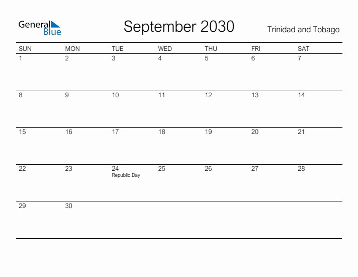 Printable September 2030 Calendar for Trinidad and Tobago