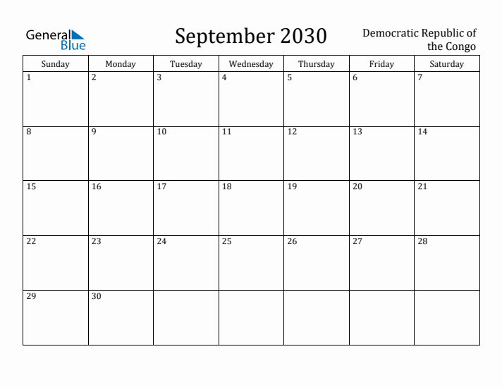 September 2030 Calendar Democratic Republic of the Congo