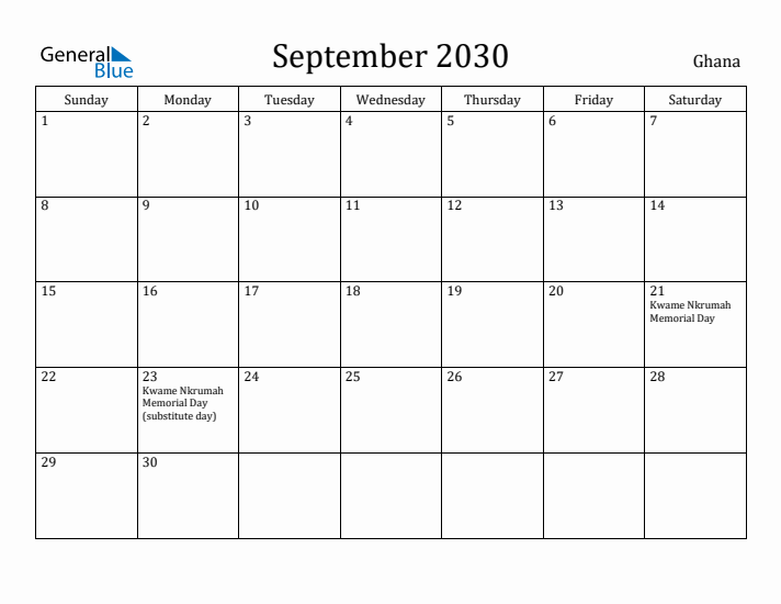 September 2030 Calendar Ghana
