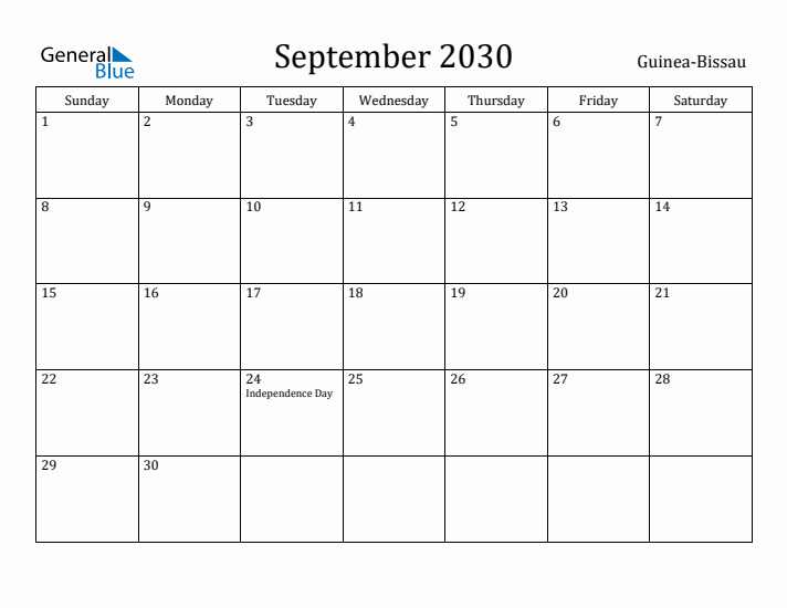 September 2030 Calendar Guinea-Bissau