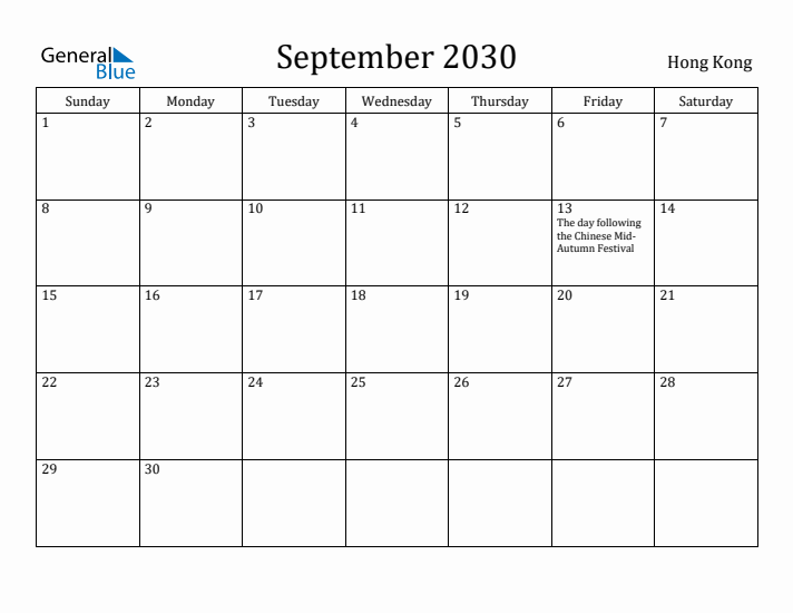September 2030 Calendar Hong Kong