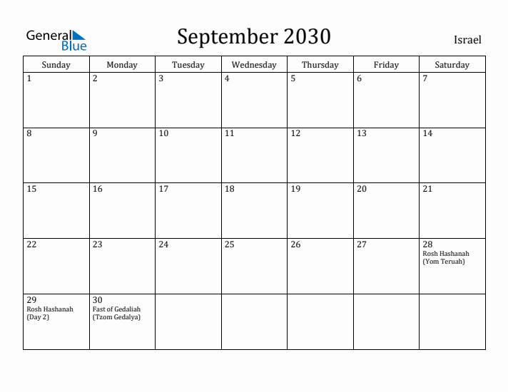 September 2030 Calendar Israel