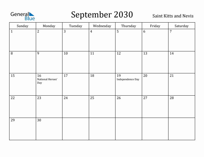 September 2030 Calendar Saint Kitts and Nevis