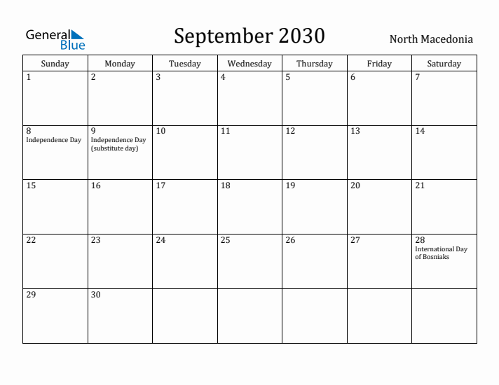 September 2030 Calendar North Macedonia