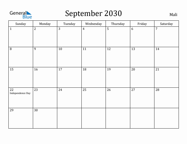 September 2030 Calendar Mali