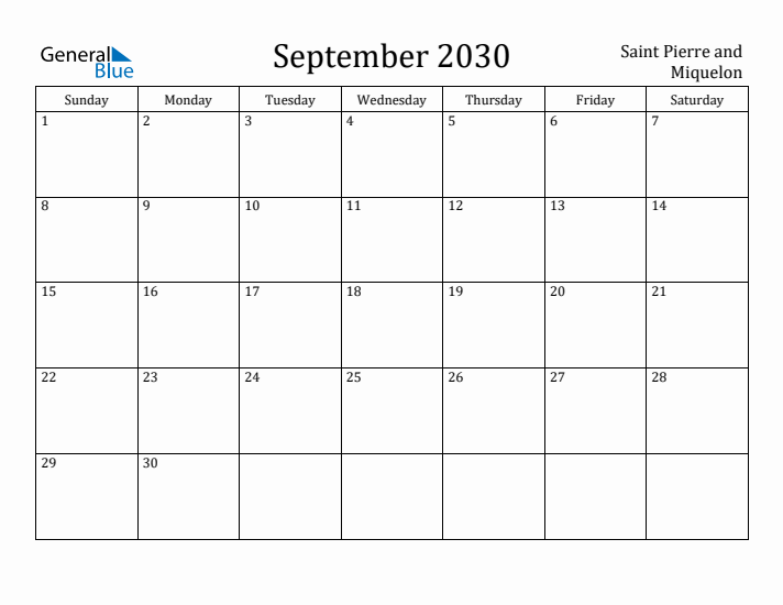 September 2030 Calendar Saint Pierre and Miquelon