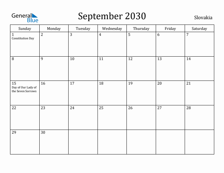 September 2030 Calendar Slovakia