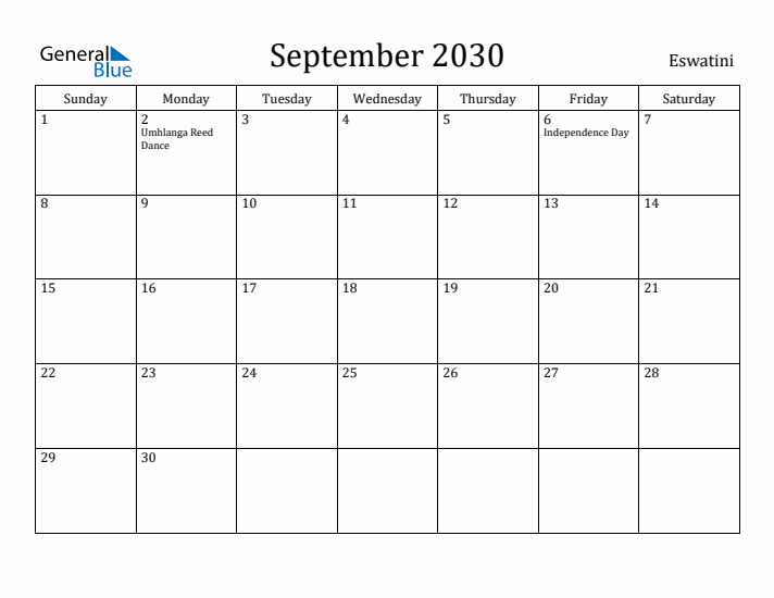 September 2030 Calendar Eswatini