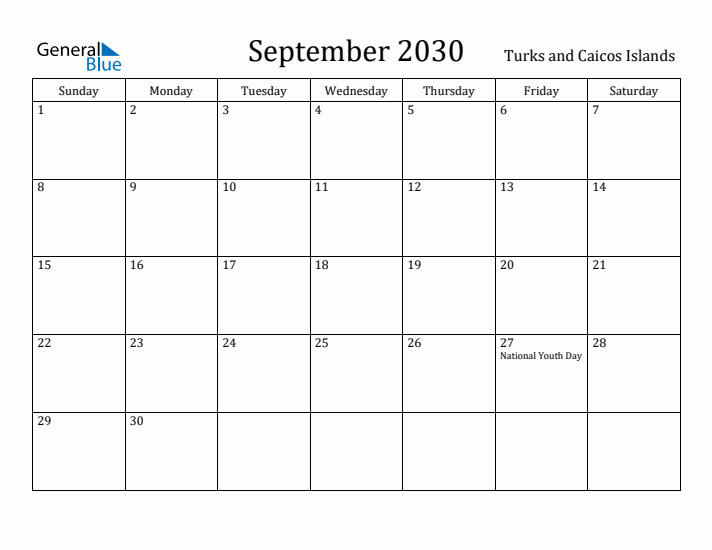 September 2030 Calendar Turks and Caicos Islands