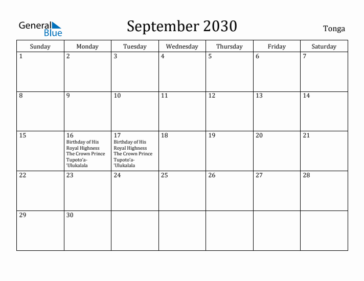 September 2030 Calendar Tonga