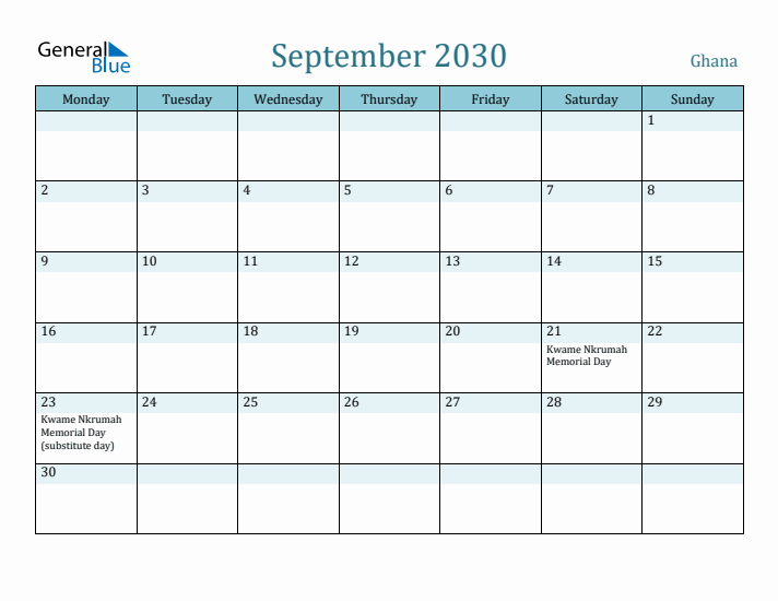 September 2030 Calendar with Holidays