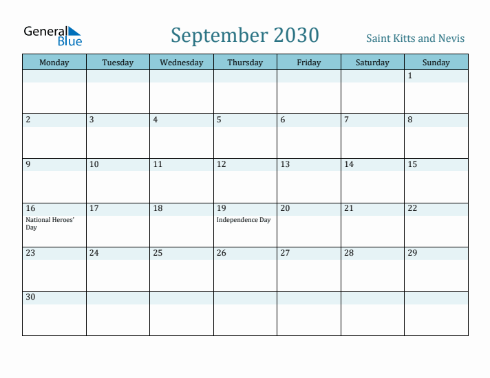 September 2030 Calendar with Holidays