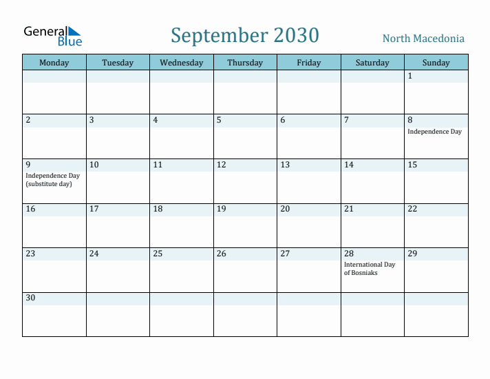 September 2030 Calendar with Holidays