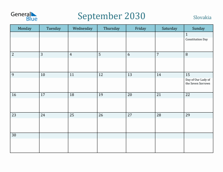 September 2030 Calendar with Holidays