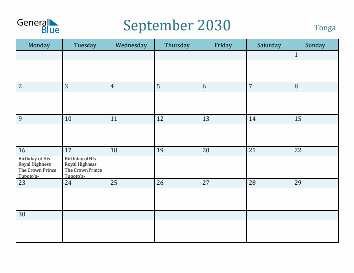 September 2030 Calendar with Holidays