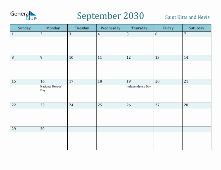 September 2030 Calendar with Holidays