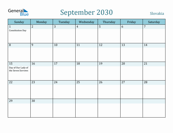September 2030 Calendar with Holidays