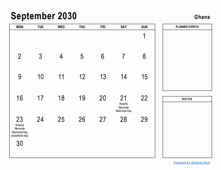 September 2030 Printable Monthly Calendar with Ghana Holidays