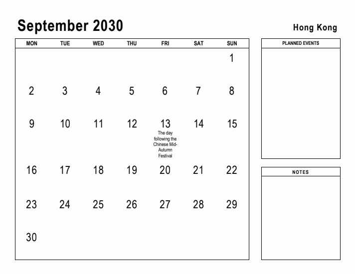 September 2030 Printable Monthly Calendar with Hong Kong Holidays