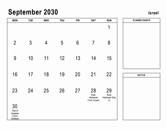 September 2030 Printable Monthly Calendar with Israel Holidays