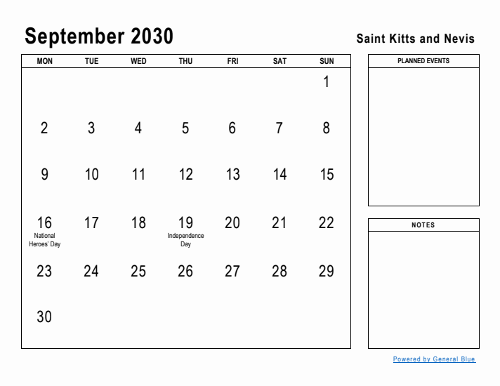 September 2030 Printable Monthly Calendar with Saint Kitts and Nevis Holidays