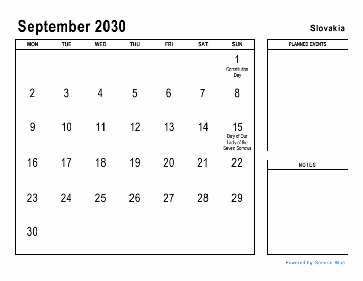 September 2030 Printable Monthly Calendar with Slovakia Holidays