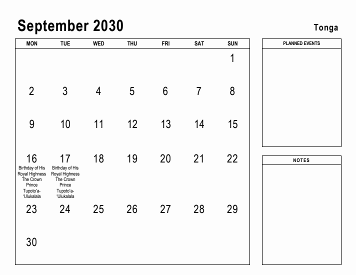 September 2030 Printable Monthly Calendar with Tonga Holidays