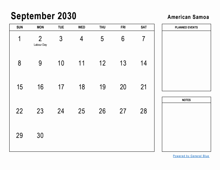 September 2030 Printable Monthly Calendar with American Samoa Holidays