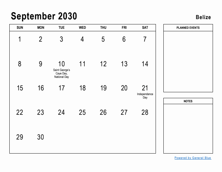September 2030 Printable Monthly Calendar with Belize Holidays