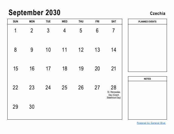 September 2030 Printable Monthly Calendar with Czechia Holidays