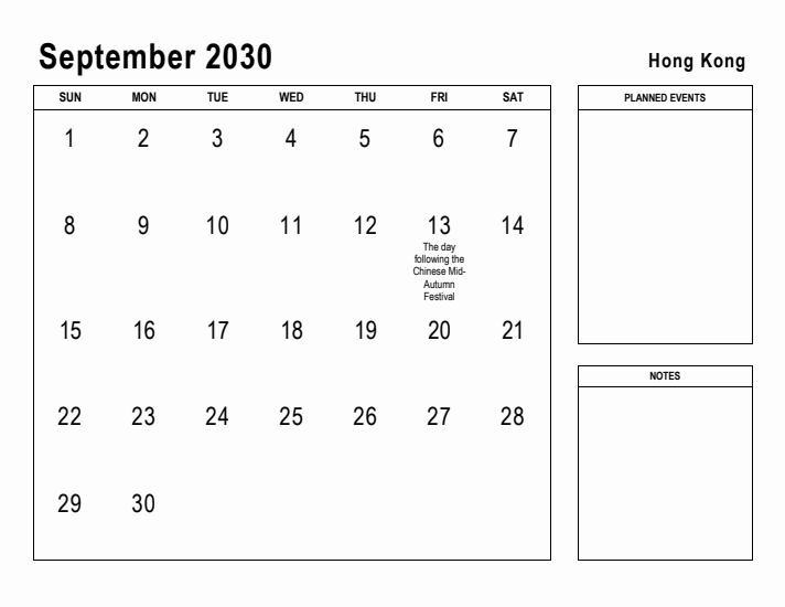 September 2030 Printable Monthly Calendar with Hong Kong Holidays