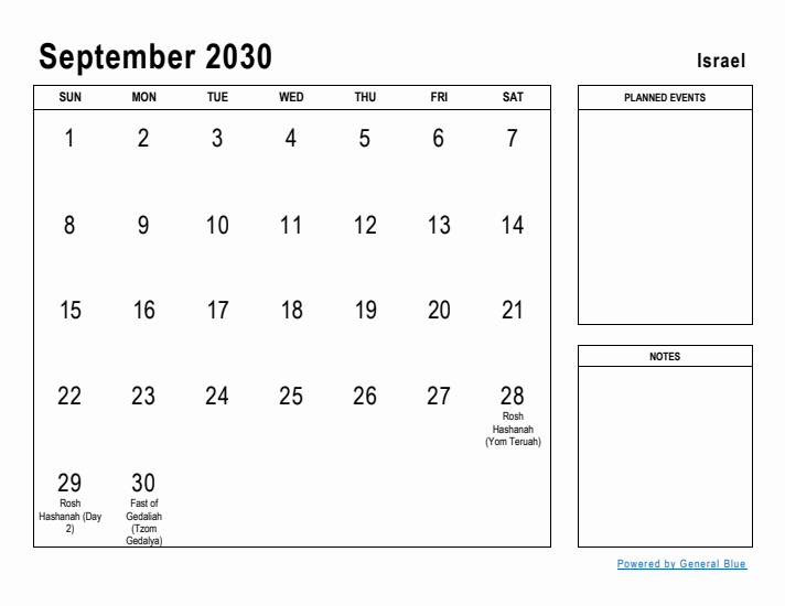 September 2030 Printable Monthly Calendar with Israel Holidays