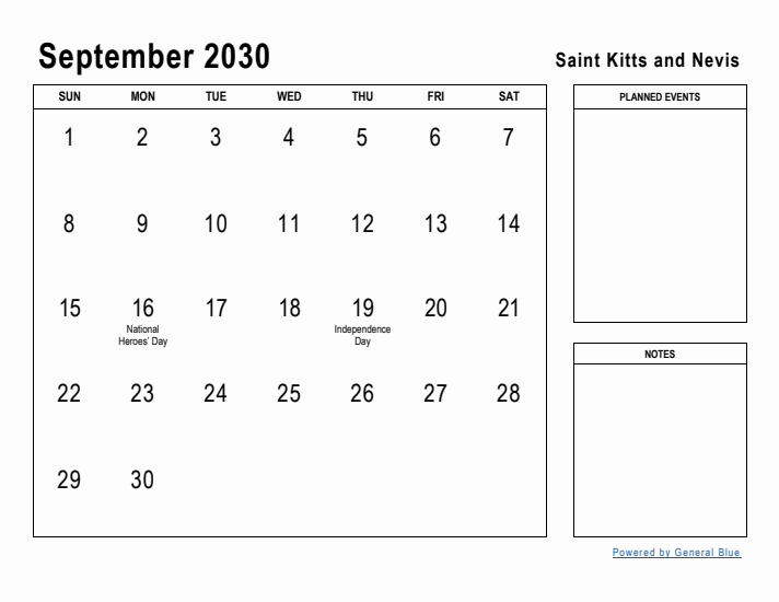 September 2030 Printable Monthly Calendar with Saint Kitts and Nevis Holidays