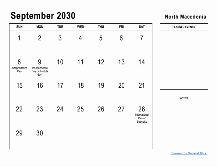 September 2030 Printable Monthly Calendar with North Macedonia Holidays