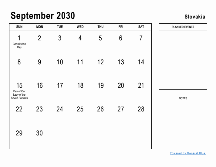 September 2030 Printable Monthly Calendar with Slovakia Holidays