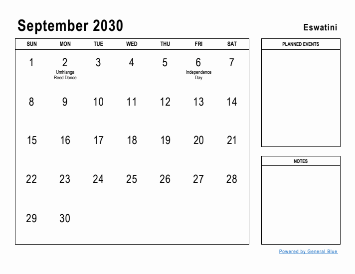 September 2030 Printable Monthly Calendar with Eswatini Holidays