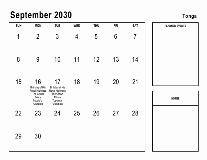 September 2030 Printable Monthly Calendar with Tonga Holidays