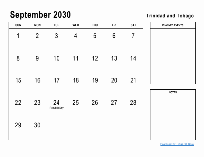 September 2030 Printable Monthly Calendar with Trinidad and Tobago Holidays