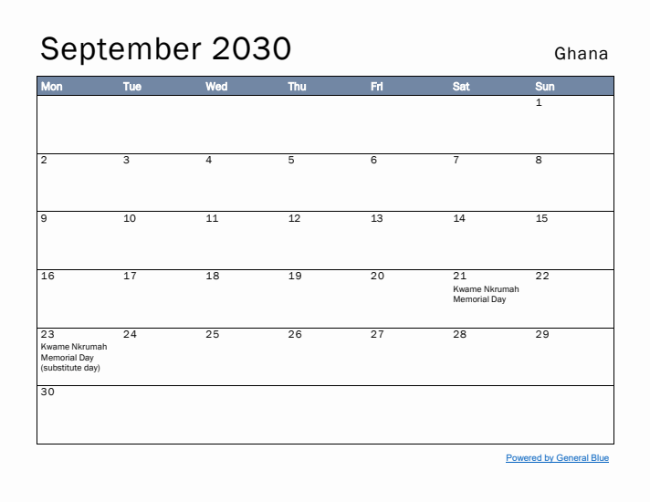 September 2030 Simple Monthly Calendar for Ghana