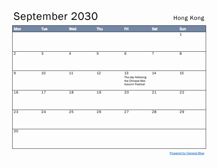 September 2030 Simple Monthly Calendar for Hong Kong