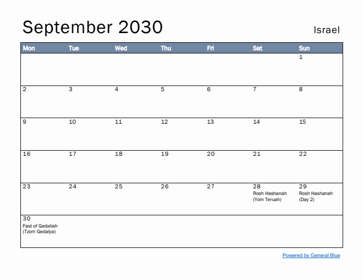 September 2030 Simple Monthly Calendar for Israel