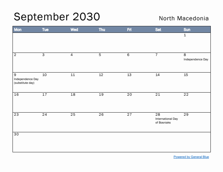 September 2030 Simple Monthly Calendar for North Macedonia