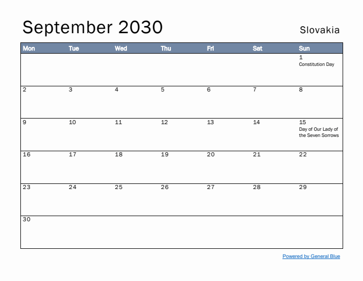 September 2030 Simple Monthly Calendar for Slovakia