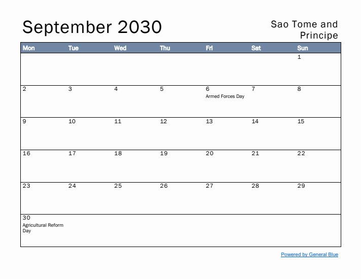 September 2030 Simple Monthly Calendar for Sao Tome and Principe