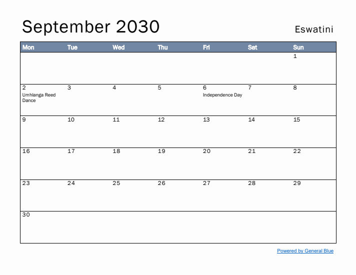 September 2030 Simple Monthly Calendar for Eswatini