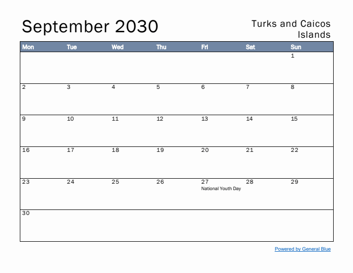 September 2030 Simple Monthly Calendar for Turks and Caicos Islands