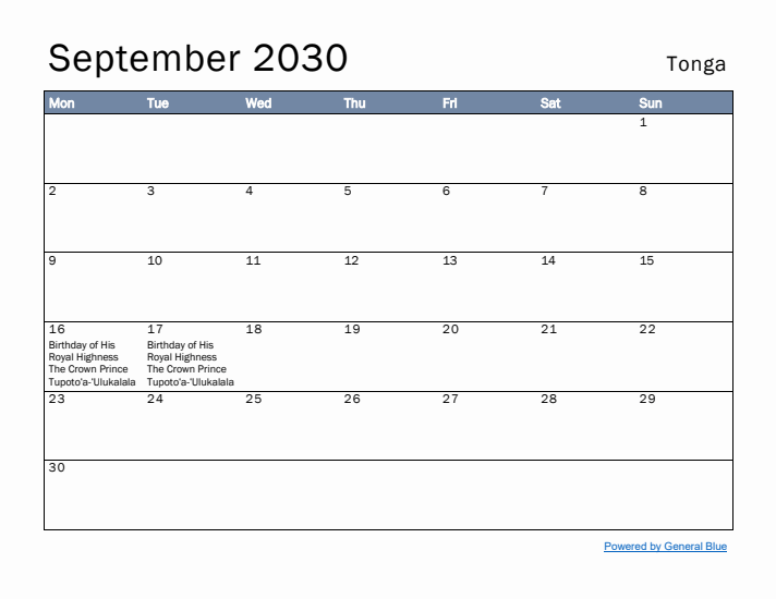 September 2030 Simple Monthly Calendar for Tonga