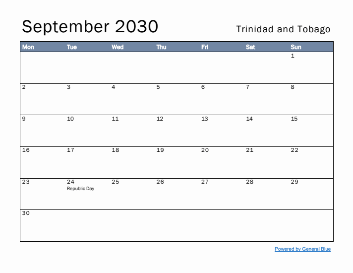 September 2030 Simple Monthly Calendar for Trinidad and Tobago