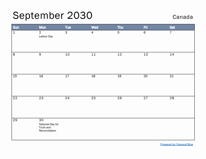 September 2030 Simple Monthly Calendar for Canada